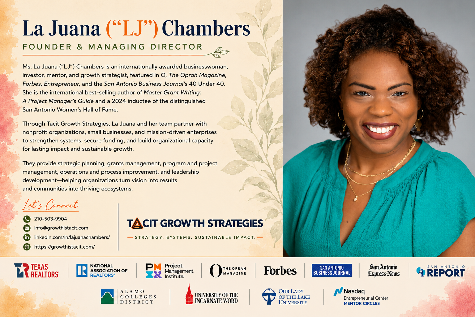 La Juana “LJ” Chambers, Founder and Managing Director of Tacit Growth Strategies, LLC, featured in a professional website graphic highlighting her leadership in nonprofit and small business capacity building, strategic planning, grants management, project management, operational improvement, and sustainable growth.